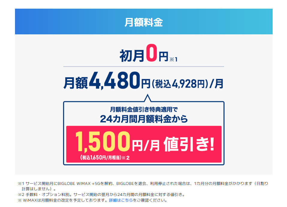 BIGLOBE WiMAX（ギガ放題プラスS）料金
