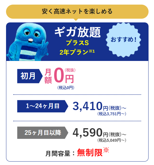 Vision WiMAX ギガ放題プラスS 2年プラン 料金